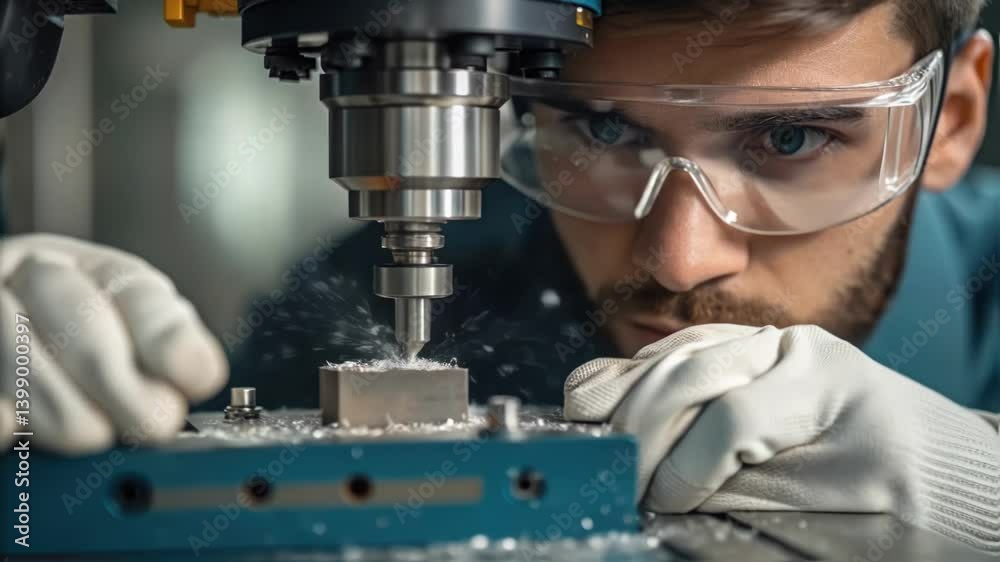 Poster Closeup of an operator wearing safety goggles and gloves intensely focused while monitoring a CNC machine in action highlighting the importance of safety and attention in the