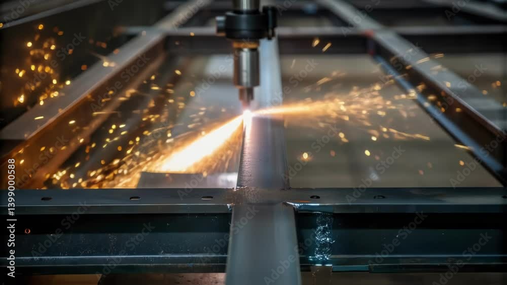 Poster Closeup of a welding torch in action as two prefabricated sections are being fused together with bright sparks flying illustrating the details of the assembly process.
