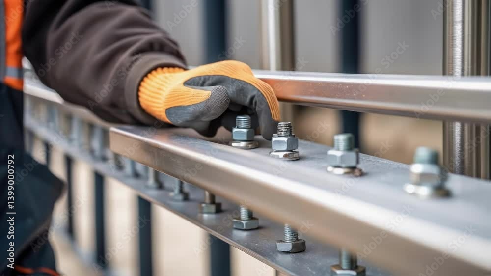 Poster closeup of a workers gloved hands tightening bolts on bracket connections showcasing the intricate d
