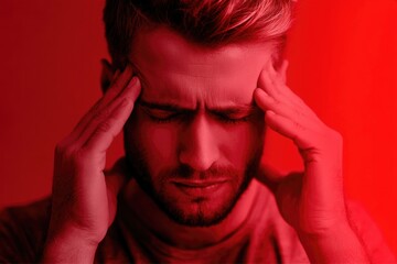 A man experiencing a headache massages his temples, feeling dizzy and fatigued due to stress on moving day. The red overlay symbolizes his migraine, indicating a health emergency or burnout at home.-