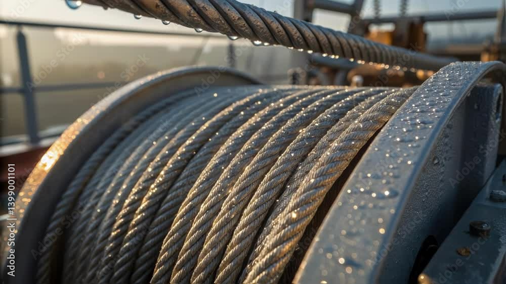 Poster closeup of steel cables and pulleys on the crane glistening with morning dew emphasizing the structu