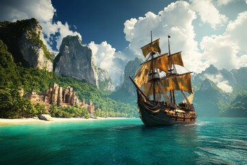 A breathtaking overhead view of an ancient warship equipped with round shot cannons, showcasing historical naval combat with remarkable accuracy