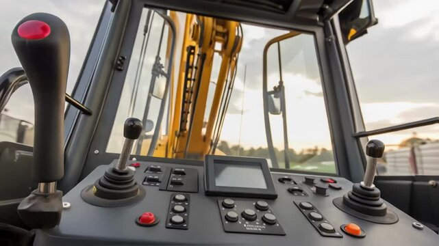 Closeup of the controls of the mobile crane featuring buttons and levers with the reflection of the towering crane assembly in the operators visor.