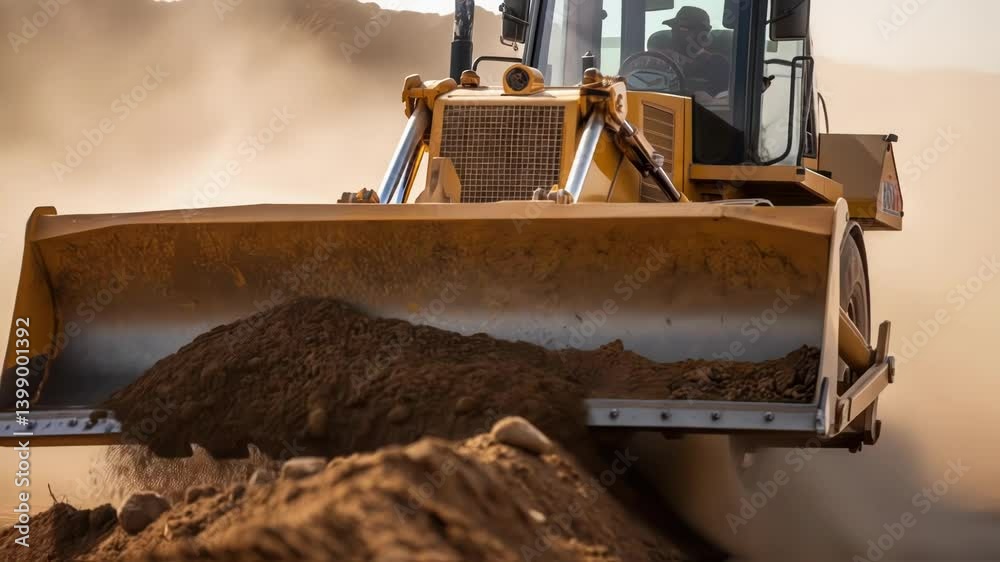 Aufkleber Closeup perspective showing a bulldozer pushing a mound of earth with fine dust clouds swirling up as it levels the uneven terrain in preparation for new structures.