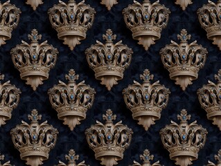 Obraz premium Ornate golden crowns with blue jewels beautifully arranged in a symmetrical pattern, showcasing intricate detailing and elegant design elements, convey luxury and sophistication