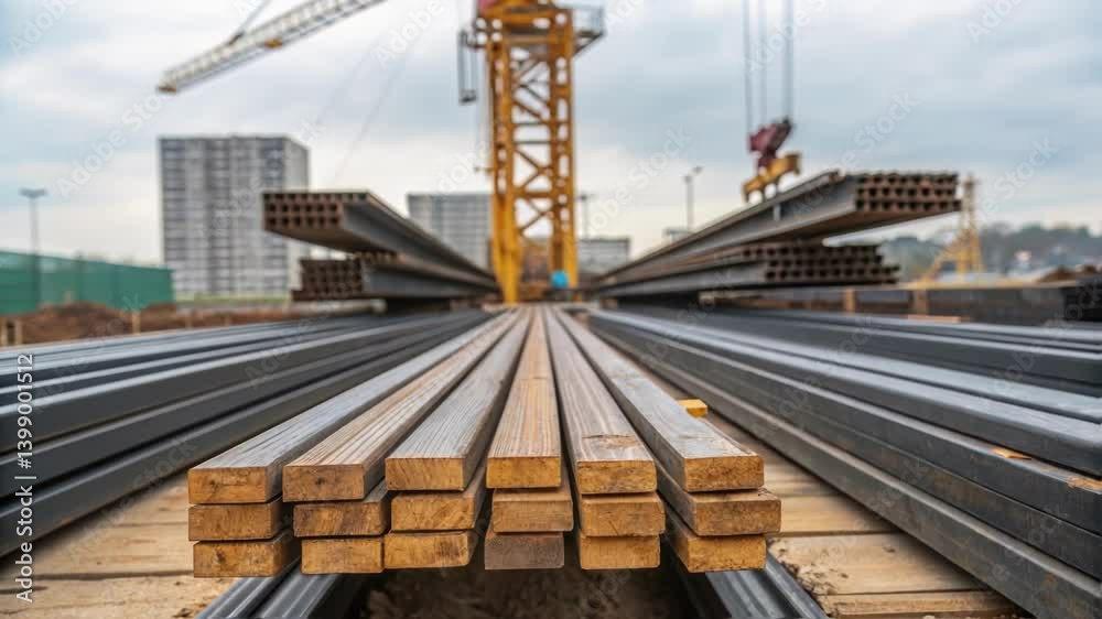 Poster closeup view of construction materials such as steel beams and wooden planks neatly arranged at the 