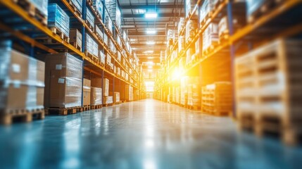Wide Shot of a Well-Lit Warehouse Filled with Pallets of Merchandise