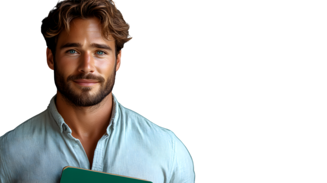 A man with a beard holding a green notebook dressed in a light blue shirt against a black back