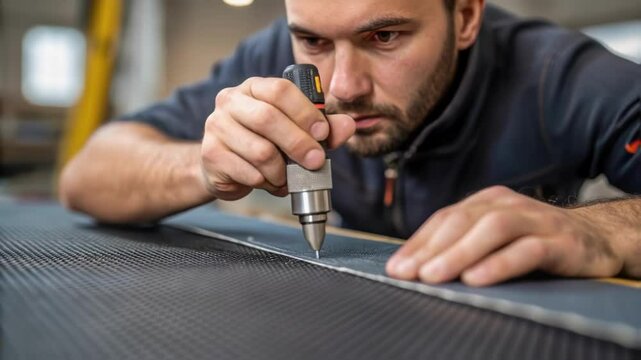 Cutting Process A medium closeup of a skilled technician using a precision ting tool to slice through heavyduty fabric showcasing the attention to detail and craftsmanship