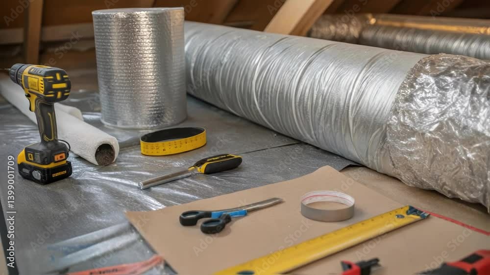 Poster Detailed view of insulation being wrapped around ductwork with tools and adhesive materials spread out on the surface highlighting the attention to thermal efficiency.