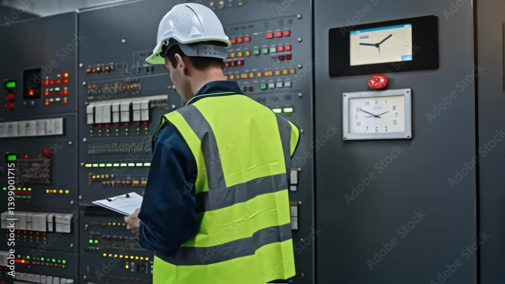 Leinwandbilder Detailed view of the control panel of an energy recovery system featuring illuminated LED displays and dials with a technician monitoring the setup.