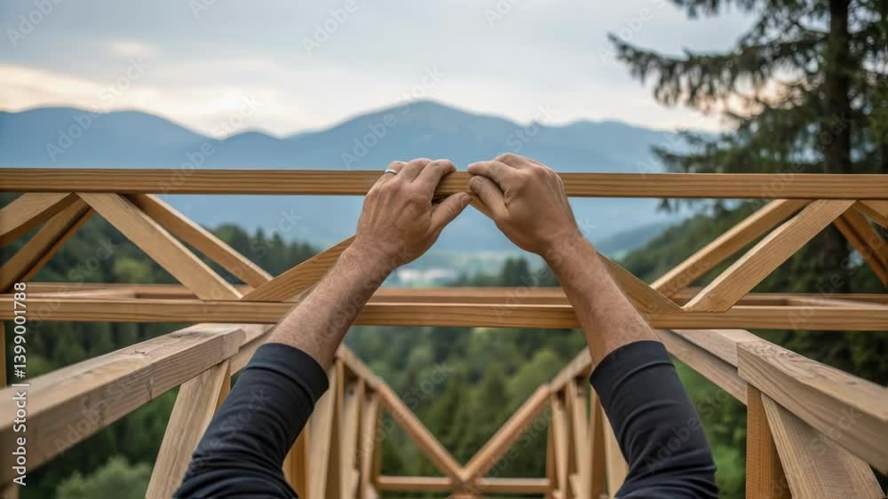Leinwandbilder Hands assembling prefabricated trusses showcasing the complexity of the bridge design with elements of nature like trees and mountains visible.