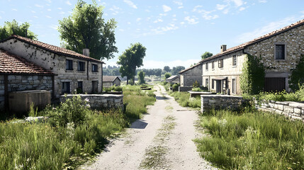 Obraz premium Pixelated Village Scene With Stone Houses And Sunny Road