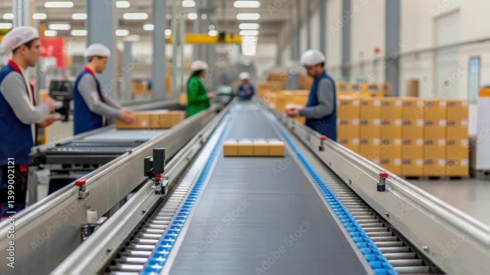 Aufkleber Medium closeup of a conveyor belt system inside a manufacturing facility displaying the motion of products moving along the line and workers engaged in quality control.