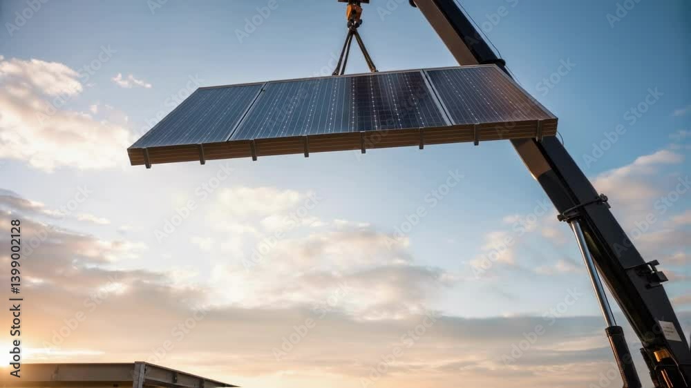 Poster Medium closeup of a crane lifting a large solar array into position silhouetted against the bright sky capturing the scale of the installation and the machinery involved.