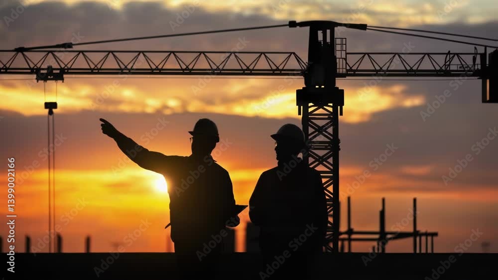 Poster Medium closeup of a crane silhouette against a sunset with workers discussing procedures in the foreground their figures highlighted by the fading light.