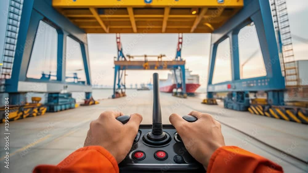 Poster Medium closeup of a crane operators hands gripping controls with the massive structure of the floating docks rising prominently in the background.