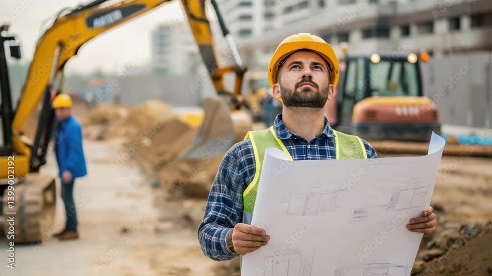 Poster medium closeup of a crew member checking blueprints while standing next to the compact excavator ind