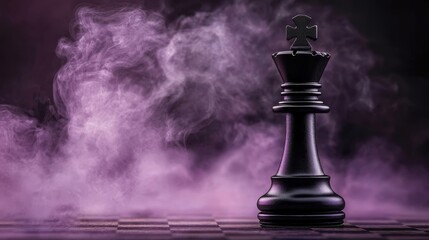 Mystical purple smoke surrounds a dark yet elegant king chess piece