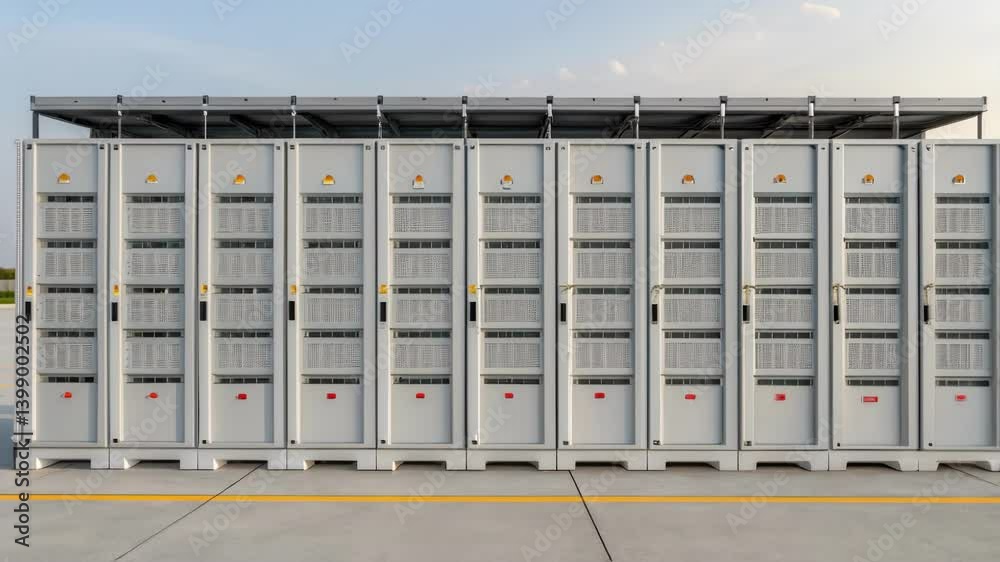 Aufkleber Medium closeup of a large battery storage system with rows of battery modules neatly arranged indicating the integration of energy storage in renewable setups.
