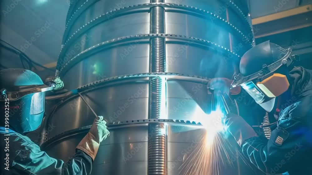 Aufkleber medium closeup of a large cylindrical section of a silo being aligned and adjusted with precision fa