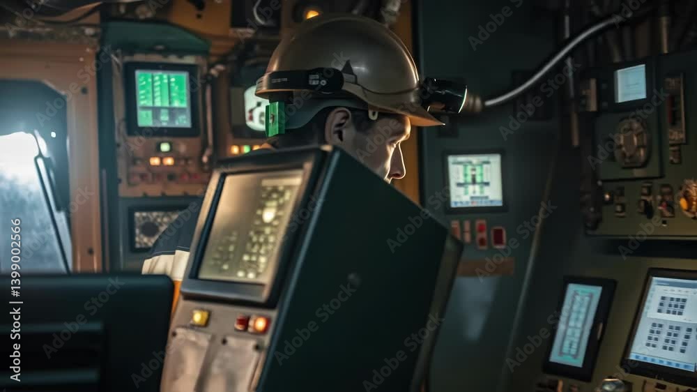 Aufkleber Medium closeup of a miner in a hard hat focused intently on a digital display panel in the cab of a drill rig reflecting bright lights from the machinery surrounding them.