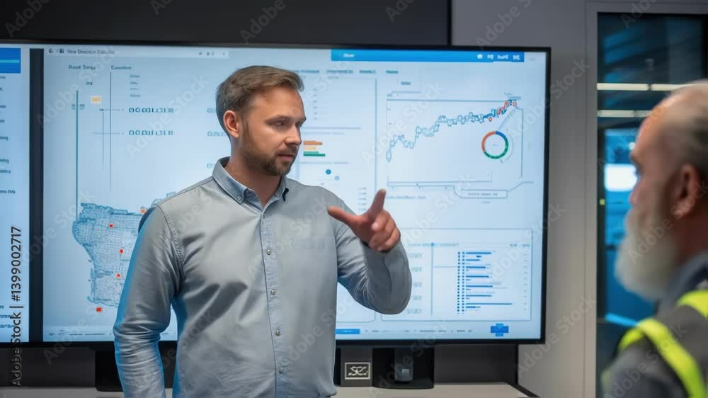 Aufkleber Medium closeup of a supervisor pointing at a digital map on a large screen discussing project timelines and resource allocation with a team of engineers onsite.