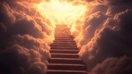 This captivating representation highlights stairs leading into brilliant light through clouds, evoking themes of hope and divine ascent, a metaphor for personal journeys and enlightenment.
