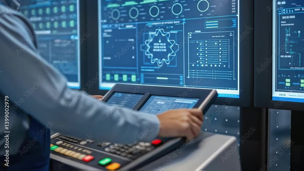 Leinwandbilder Medium closeup of a worker calibrating the software that integrates with the automated system surrounded by digital displays and data flow charts.
