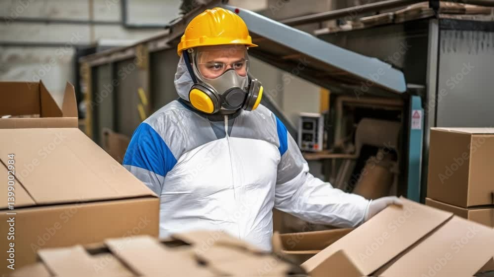 Poster medium closeup of a worker in protective gear expertly feeding large cardboard boxes into a heavydut