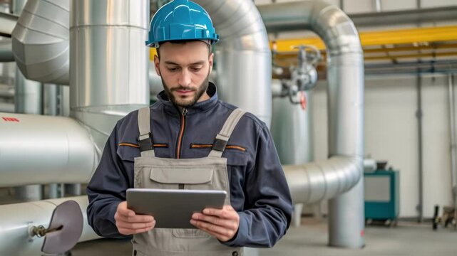 Medium closeup of a technician in a jumpsuit using a tablet to log data with the backdrop of large pipe sections and fittings illustrating the integration of technology in pipeline