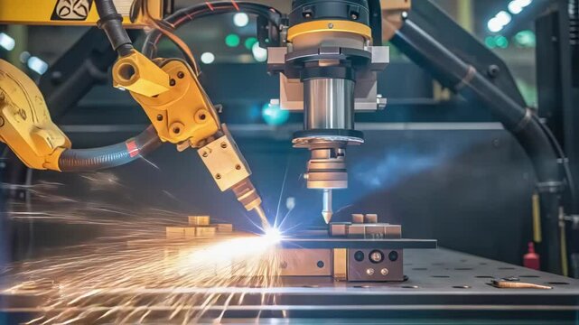 Medium closeup of a welding robots end effector showing precise alignment mechanisms that grip and manipulate metals during the welding process.
