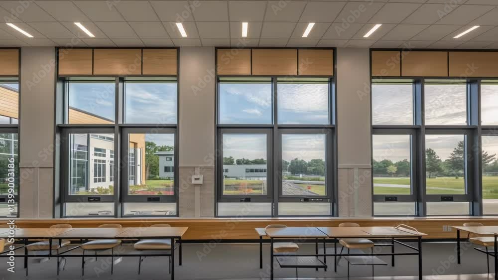 Leinwandbilder Medium closeup of large windows being installed in the modular classroom structure showcasing the integration of natural light and modern design elements.