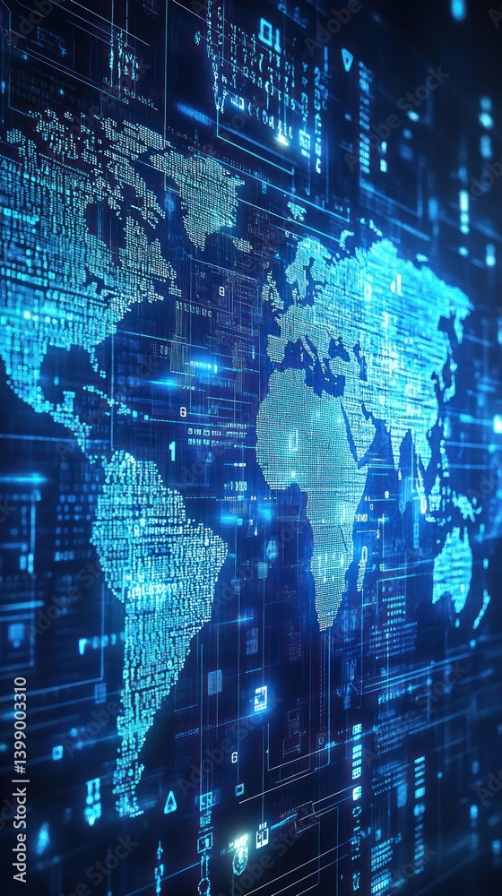 Poster digital world map with data streams and technology backdrop