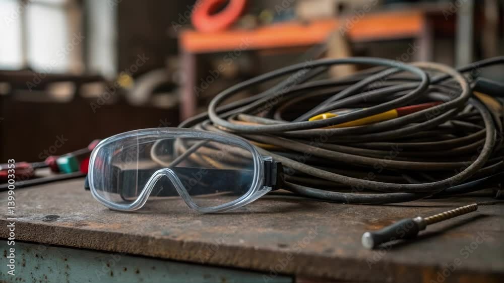 Poster medium closeup of safety goggles resting on a workbench next to a tangle of highstrength cables emph