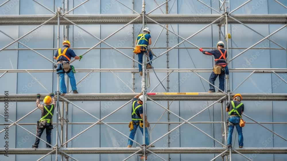 Aufkleber Medium closeup of scaffolding where multiple workers are collaborating showcasing teamwork in the construction of a large cooling tower while safety harnesses are visually