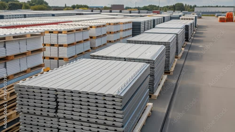 Poster medium closeup of stacks of prefabricated components such as roofing panels and flooring sections ne
