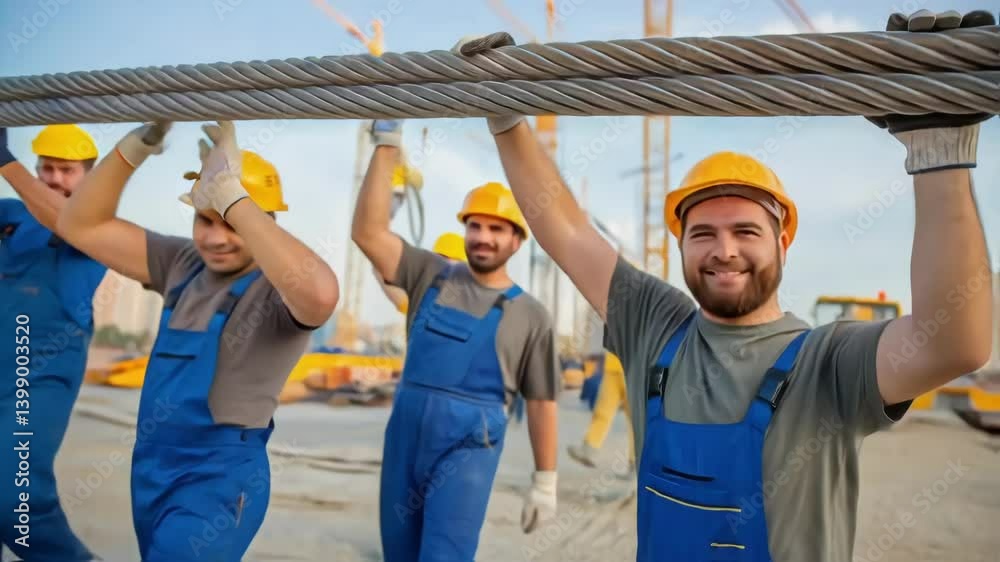 Poster medium closeup of workers collaborating to lift and position a newly assembled section of steel cabl
