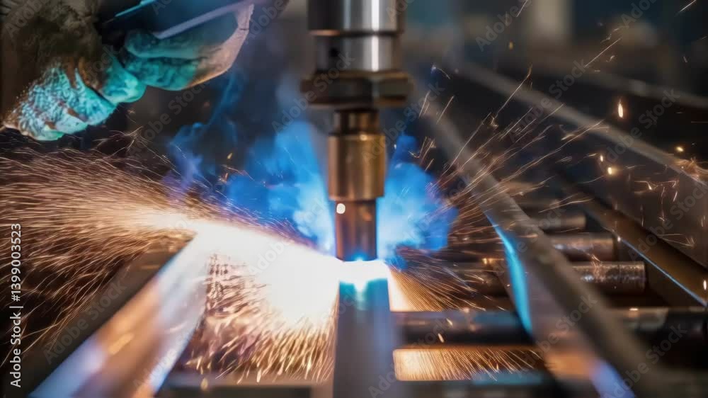 Poster medium closeup of welding process blue sparks fly from a welding torch as a worker joins steel compo