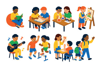 Isometric flat vector set of icons of child/parent profiles: family icon, parent tag, child icon, age tag, guardian info, school name, profile category, activity log. isolated transparent background.