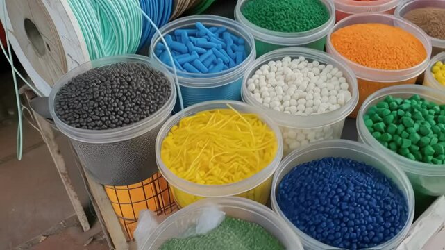 Medium closeup shot of various raw materials used for 3D printing including pellets filaments and powders arranged aesthetically emphasizing the diversity of materials suitable for