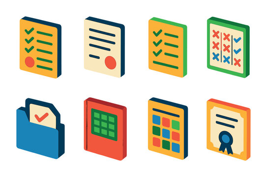 Isometric flat vector set of icons of school documents: report card, permission slip, syllabus, attendance sheet, homework file, gradebook, schedule, certificate. isolated transparent background.
