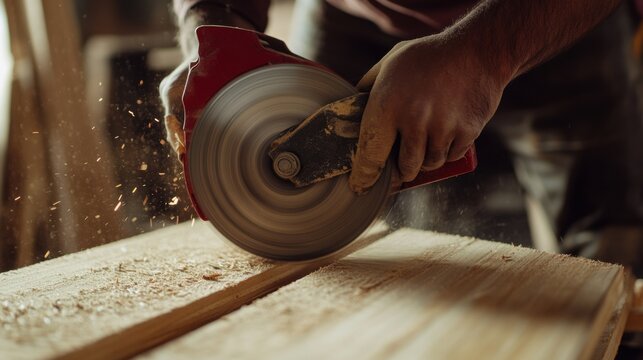 A Hispanic construction worker working with a power saw to cut wood. Featuring precision and tool handling