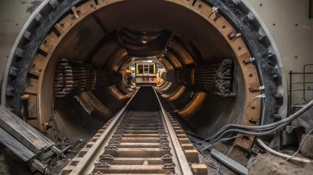 The rear of the tunnel boring machine featuring the conveyor system that carries excavated material away surrounded by a chaotic environment of tools and debris.
