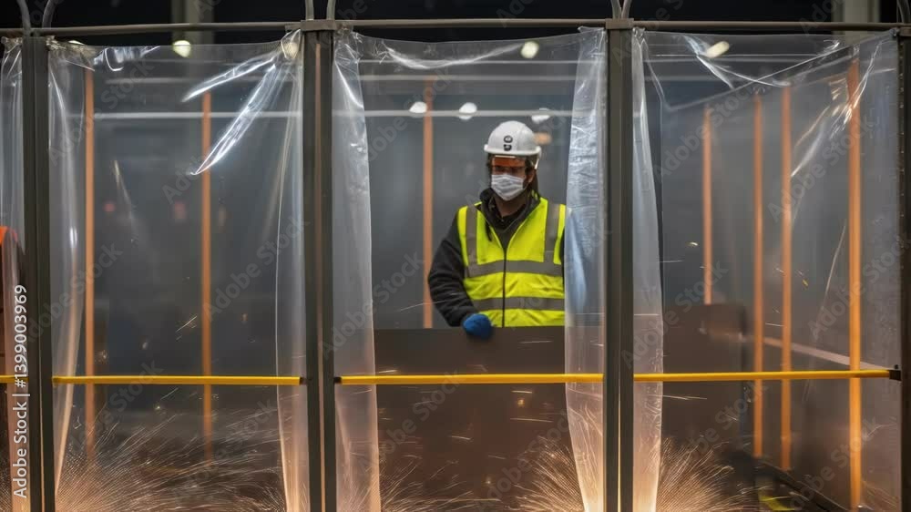 Aufkleber Workers in the background safely positioned behind transparent protective barriers watching the ongoing welding process unfold conveying a sense of safety in the workspace.
