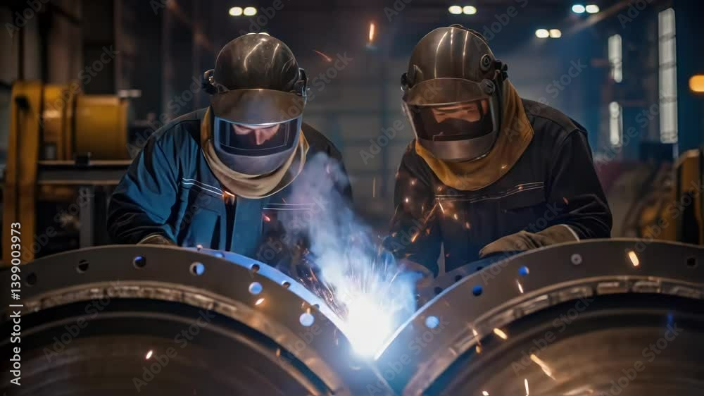 Poster workers in protective gear welding large metal components for the desalination unit the glow of the 