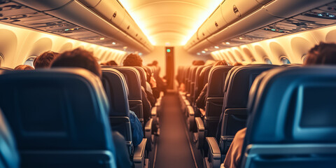 Fototapeta premium Interior view of airplane with passengers in soft lighting