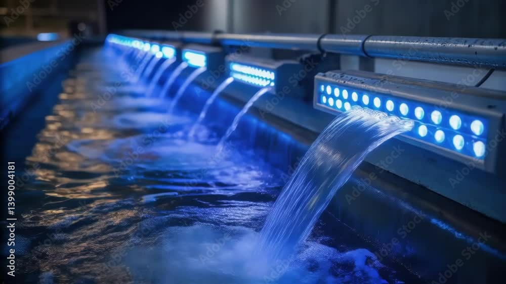 Poster A closeup image of UV dis lights glowing brightly as water flows past them emphasizing the key role of light in purifying the water.