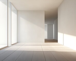 3D rendering of an empty room with white walls and a wooden floor