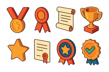 Isometric flat vector set of icons of school awards: medal, ribbon, honor roll, trophy, star sticker, merit certificate, badge icon, achievement icon. isolated transparent background.